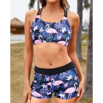 Yonique Tankini Swimsuits for Women 3 Piece Bathing Suits Swim Tank Top with Boy Shorts and Bra Modest Swimwear Black Flamingo L