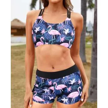 Yonique Tankini Swimsuits for Women 3 Piece Bathing Suits Swim Tank Top with Boy Shorts and Bra Modest Swimwear Black Flamingo L