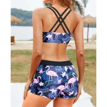 Yonique Tankini Swimsuits for Women 3 Piece Bathing Suits Swim Tank Top with Boy Shorts and Bra Modest Swimwear Black Flamingo L