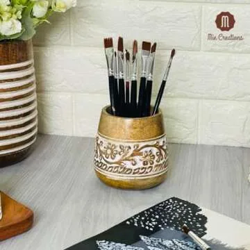 Mie Creations Designer Pencil Holder for Desk Wood | Paintbrush Holder Cup, Desk Accessories, Cute Make Up Brush Organizers | Office Desktop, Wooden Pen Stand | Stationary, Art Supplies | White-4''