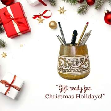 Mie Creations Designer Pencil Holder for Desk Wood | Paintbrush Holder Cup, Desk Accessories, Cute Make Up Brush Organizers | Office Desktop, Wooden Pen Stand | Stationary, Art Supplies | White-4''