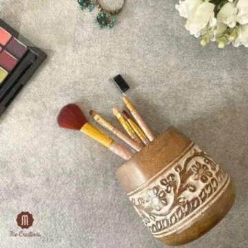 Mie Creations Designer Pencil Holder for Desk Wood | Paintbrush Holder Cup, Desk Accessories, Cute Make Up Brush Organizers | Office Desktop, Wooden Pen Stand | Stationary, Art Supplies | White-4''