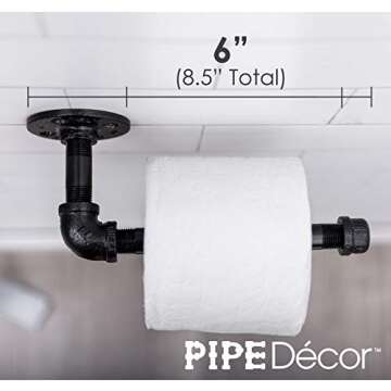 Rustic Industrial Pipe Toilet Paper Holder by Pipe Decor, Heavy Duty DIY Style, Wall Mounted Kit, Modern Chic Electroplated Black Iron Finish, Commercial Grade Metal, Slide TP Roller, Oil + Rust Free