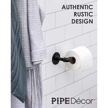 Rustic Industrial Pipe Toilet Paper Holder by Pipe Decor, Heavy Duty DIY Style, Wall Mounted Kit, Modern Chic Electroplated Black Iron Finish, Commercial Grade Metal, Slide TP Roller, Oil + Rust Free