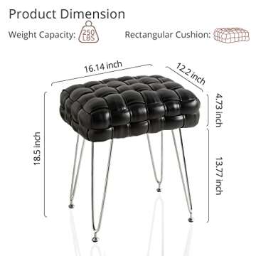 LUE BONA Faux Leather Vanity Stool, Upholstered Make up Bench, Rectangle Ottoman Foot Stool, Vanity Chair Tufted Footrest Stool Makeup Stool with Silver Chrome Legs for Living Room, Bedroom, Black