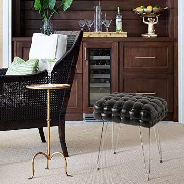 LUE BONA Faux Leather Vanity Stool, Upholstered Make up Bench, Rectangle Ottoman Foot Stool, Vanity Chair Tufted Footrest Stool Makeup Stool with Silver Chrome Legs for Living Room, Bedroom, Black