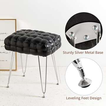 LUE BONA Faux Leather Vanity Stool, Upholstered Make up Bench, Rectangle Ottoman Foot Stool, Vanity Chair Tufted Footrest Stool Makeup Stool with Silver Chrome Legs for Living Room, Bedroom, Black