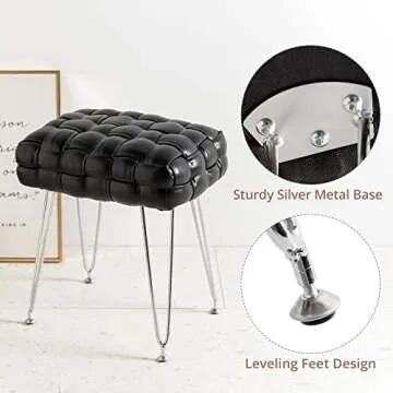LUE BONA Faux Leather Vanity Stool, Upholstered Make up Bench, Rectangle Ottoman Foot Stool, Vanity Chair Tufted Footrest Stool Makeup Stool with Silver Chrome Legs for Living Room, Bedroom, Black