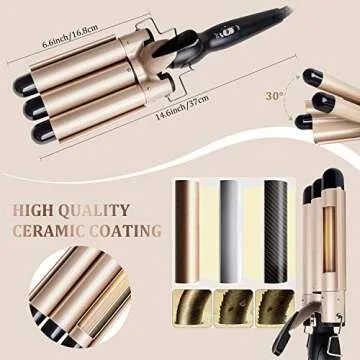 3 Barrel Curling Iron Wand - Dual Voltage Temperature Adjustable 25mm Hair Crimper,1 Inch Ceramic Tourmaline Triple Barrels,Hair Waving Styling Tools, Gold