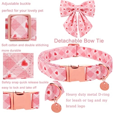 UP URARA PUP Valentine's Day Dog Collar with Bow Tie, Medium Girl Dog, Cotton, Pink Plaid