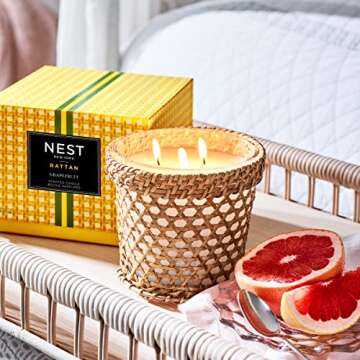 NEST New York Grapefruit Decorative Rattan Scented 3-Wick Candle, 21 Ounces