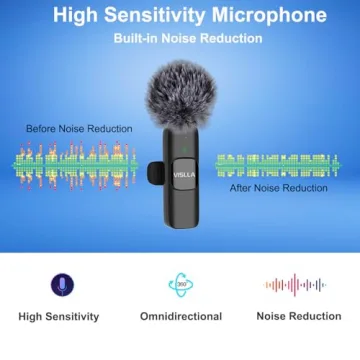 Vislla Mini Microphone for iPhone & Android,11H Battery, Noise Cancelling Wireless Lavalier Mic, Cli...