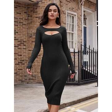 LILLUSORY Fall Womens Knee Length Bodycon Midi Sweater Dress 2023 Long Sleeve Maxi Knit Sweater Black
