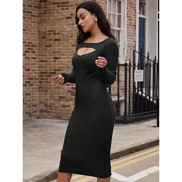 LILLUSORY Fall Womens Knee Length Bodycon Midi Sweater Dress 2023 Long Sleeve Maxi Knit Sweater Black
