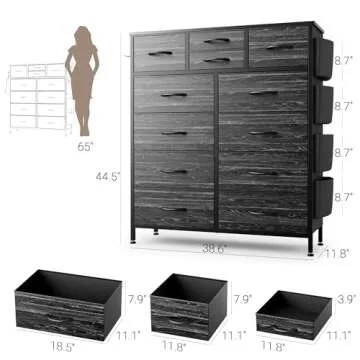 Black Dresser for Bedroom Dresser 12 Chest Drawers w/Side Pockets and Hooks, Tall Fabric Dresser Organizer, Clothes Storage Dresser for Closet, Living Room, Hallway, Entryway