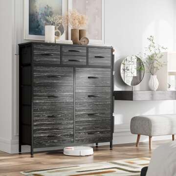 Black Dresser for Bedroom Dresser 12 Chest Drawers w/Side Pockets and Hooks, Tall Fabric Dresser Organizer, Clothes Storage Dresser for Closet, Living Room, Hallway, Entryway