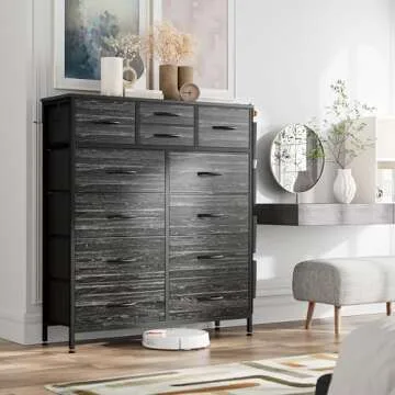 Black Dresser for Bedroom Dresser 12 Chest Drawers w/Side Pockets and Hooks, Tall Fabric Dresser Organizer, Clothes Storage Dresser for Closet, Living Room, Hallway, Entryway