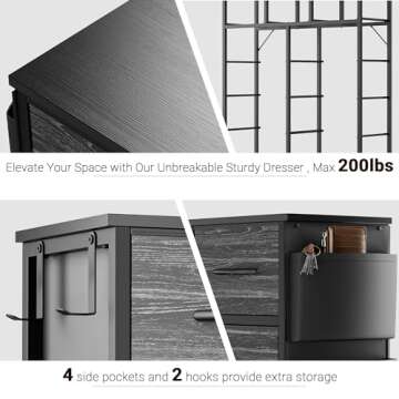 Black Dresser for Bedroom Dresser 12 Chest Drawers w/Side Pockets and Hooks, Tall Fabric Dresser Organizer, Clothes Storage Dresser for Closet, Living Room, Hallway, Entryway