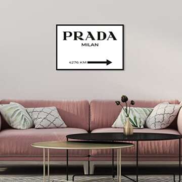 The Oliver Gal Artist Co. Fashion and Glam Wall Art Canvas Prints 'Milan Minimalist' Road Signs Home Décor, 24" x 16", Black Floater Frame