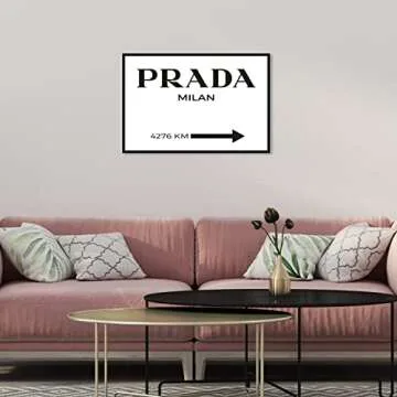 The Oliver Gal Artist Co. Fashion and Glam Wall Art Canvas Prints 'Milan Minimalist' Road Signs Home Décor, 24" x 16", Black Floater Frame