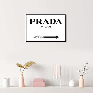 The Oliver Gal Artist Co. Fashion and Glam Wall Art Canvas Prints 'Milan Minimalist' Road Signs Home Décor, 24" x 16", Black Floater Frame