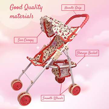 My First Baby Doll Stroller for Toddlers 3 Year Old Girls, Little Kids | Toy Stroller with Bottom Storage Basket, Foldable Frame, Canopy, Seatbelt