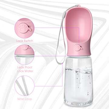 Kalimdor Dog Water Bottle, Leak Proof Portable Puppy Bowl Water Dispenser with Drinking Feeder for Pets Outdoor Walking, Hiking, Travel, Food Grade Plastic (19oz Pink)