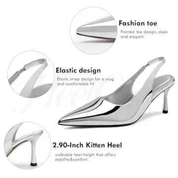 heelchic Kitten Pumps Heels for Women, Women's Low Heels Comfortable Slingback Dress Shoes Metallic Silver, 8