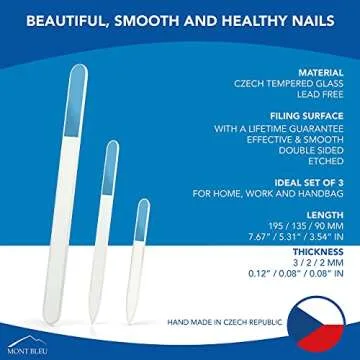Mont Bleu Professional Set of 3 Czech Glass Nail Files - Genuine Czech Tempered Glass - Handmade Gift Set - Washable Double Sided Nail File - Etched Nail Files - Crystal Nail File for Natural Nails