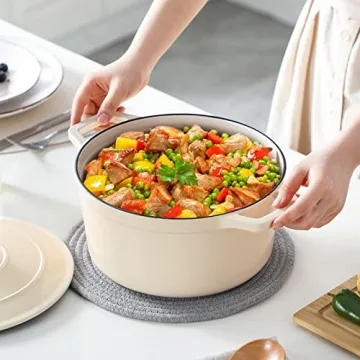 vancasso Cast Iron Dutch Oven, 6 QT Dutch Oven Pot with Lid and Dual Handles, Round Dutch Oven Cast Iron Pot with Non Stick Enamel Coating for Bread Baking, White Dutch Oven for Kitchen