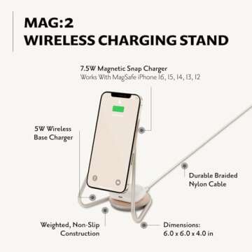 Courant MAG:2 Classics Wireless Charging Stand - Italian Leather, 2 in 1 Multi-Device Charger - Magnetic Stand for MagSafe iPhones 16, 15, 14, 13, 12 with Charging Base for AirPod Cases, (Bone)