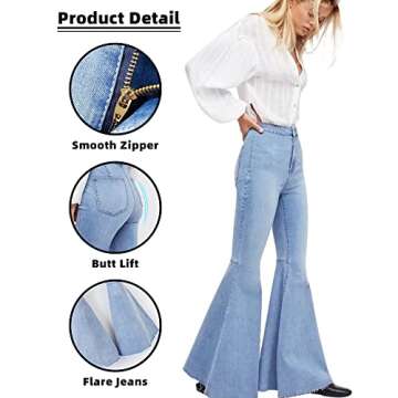 Women's Fashion Bell Bottom Jeans High Waisted Raw Hem Stretch Denim Pants (Light Blue, Small)