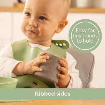 UpwardBaby Silicone Cups 2 pc Set - Transition Baby Open Cup from bottle + Easy Grip Toddler cups spill proof for 1 year old + Montessori silicone cup Baby Led Weaning Supplies Dishwasher Safe(Beige)