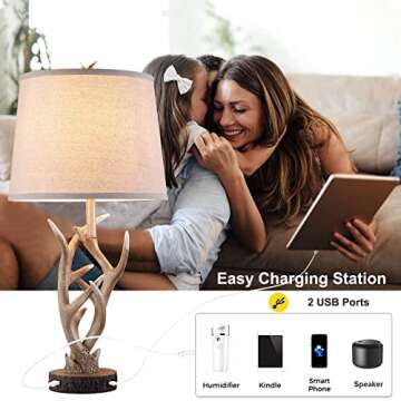 Dungoo Rustic Western Table Lamp Set of 2, 26" Farmhouse Table Lamp for Bedroom with 2 USB Ports, Natural Antler Table Lamp for Christmas Living Room Foyer Office (Rustic Brown)