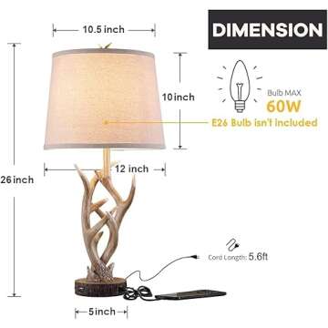 Dungoo Rustic Western Table Lamp Set of 2, 26" Farmhouse Table Lamp for Bedroom with 2 USB Ports, Natural Antler Table Lamp for Christmas Living Room Foyer Office (Rustic Brown)