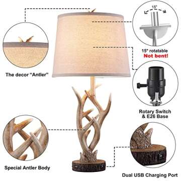 Dungoo Rustic Western Table Lamp Set of 2, 26" Farmhouse Table Lamp for Bedroom with 2 USB Ports, Natural Antler Table Lamp for Christmas Living Room Foyer Office (Rustic Brown)