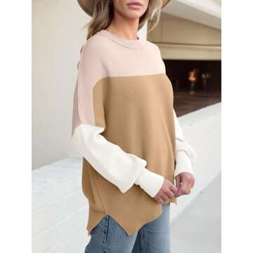 ANRABESS Women Crewneck Batwing Long Sleeve 2024 Fall Oversized Side Slit Ribbed Knit Pullover Sweaters Top Cozy Outfits Colorblock Pink X-Large