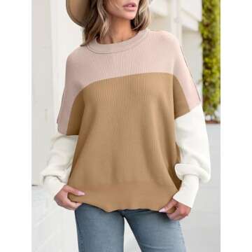 ANRABESS Women Crewneck Batwing Long Sleeve 2024 Fall Oversized Side Slit Ribbed Knit Pullover Sweaters Top Cozy Outfits Colorblock Pink X-Large