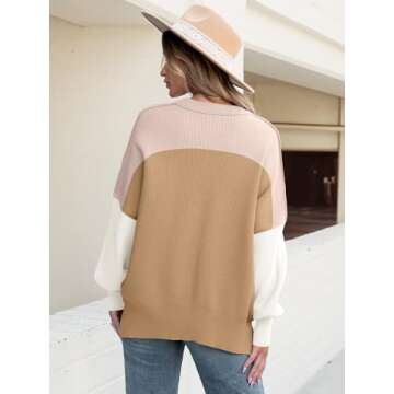 ANRABESS Women Crewneck Batwing Long Sleeve 2024 Fall Oversized Side Slit Ribbed Knit Pullover Sweaters Top Cozy Outfits Colorblock Pink X-Large