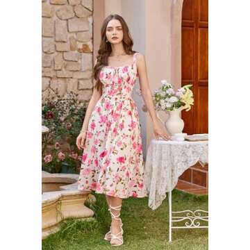 Coquette Corset Dress for Women Ruched Bust Flowy Summer Country Dress Beige Rose-Red Floral XL