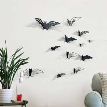 24Pcs Large Halloween Bats Decorations Hollow Out Bats Wall Decor, 3D Self-Adhesive PVC Scary Bat Stickers Halloween Party Indoor Supplies Waterproof Black Bats Wall Decals for Door Room Decor