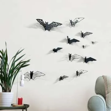 24Pcs Large Halloween Bats Decorations Hollow Out Bats Wall Decor, 3D Self-Adhesive PVC Scary Bat Stickers Halloween Party Indoor Supplies Waterproof Black Bats Wall Decals for Door Room Decor