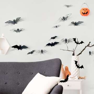 24Pcs Large Halloween Bats Decorations Hollow Out Bats Wall Decor, 3D Self-Adhesive PVC Scary Bat Stickers Halloween Party Indoor Supplies Waterproof Black Bats Wall Decals for Door Room Decor