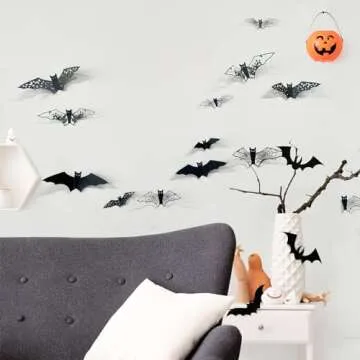 24Pcs Large Halloween Bats Decorations Hollow Out Bats Wall Decor, 3D Self-Adhesive PVC Scary Bat Stickers Halloween Party Indoor Supplies Waterproof Black Bats Wall Decals for Door Room Decor