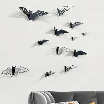 24Pcs Large Halloween Bats Decorations Hollow Out Bats Wall Decor, 3D Self-Adhesive PVC Scary Bat Stickers Halloween Party Indoor Supplies Waterproof Black Bats Wall Decals for Door Room Decor