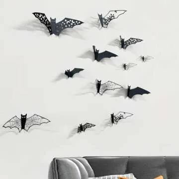 24Pcs Large Halloween Bats Decorations Hollow Out Bats Wall Decor, 3D Self-Adhesive PVC Scary Bat Stickers Halloween Party Indoor Supplies Waterproof Black Bats Wall Decals for Door Room Decor