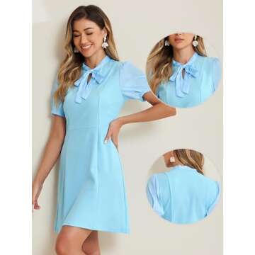 Allegra K Elegant Dresses for Women's Tie Neck Puff Short Sleeve Office Work Dress Medium Light Blue