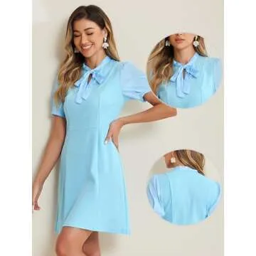Allegra K Elegant Dresses for Women's Tie Neck Puff Short Sleeve Office Work Dress Medium Light Blue