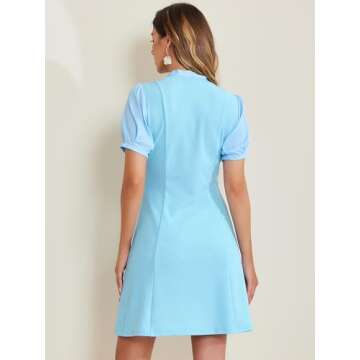 Allegra K Elegant Dresses for Women's Tie Neck Puff Short Sleeve Office Work Dress Medium Light Blue