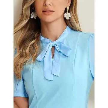 Allegra K Elegant Dresses for Women's Tie Neck Puff Short Sleeve Office Work Dress Medium Light Blue